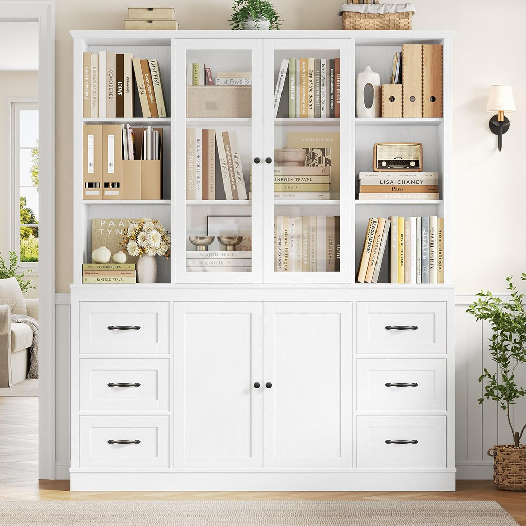 74.4''Hx63''W Large Pantry Cabinet,Kitchen Hutch Cabinet with Storage | Large White Bookcase with 6 Storage Drawers
