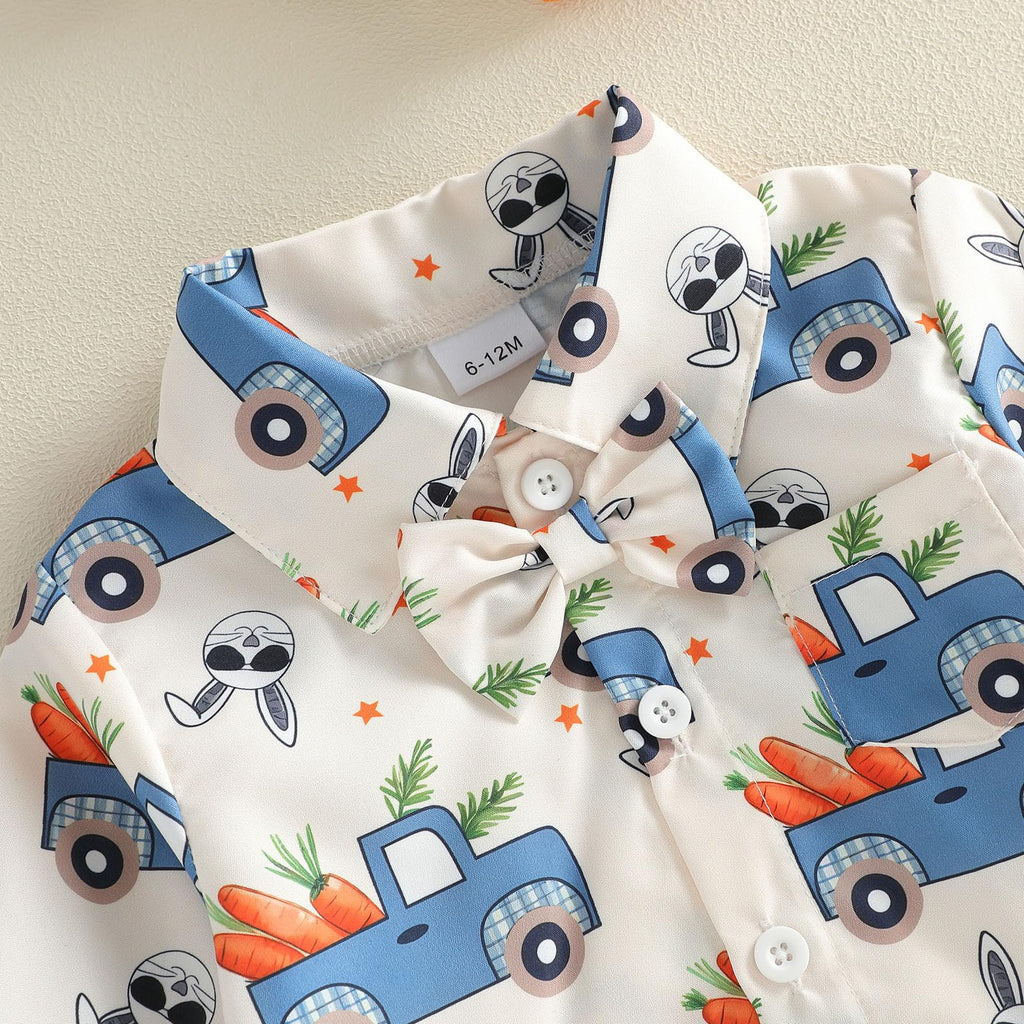Toddler Boy Easter Outfit Truck Bunny Carrot Gentleman Shirt Overalls Pants Set Baby Boys Spring Summer Clothes (C