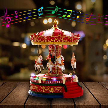 Christmas Carousel Figurines Decoration Christmas Village House Musical Carousel with 6 Moving Horses Go Round, 8