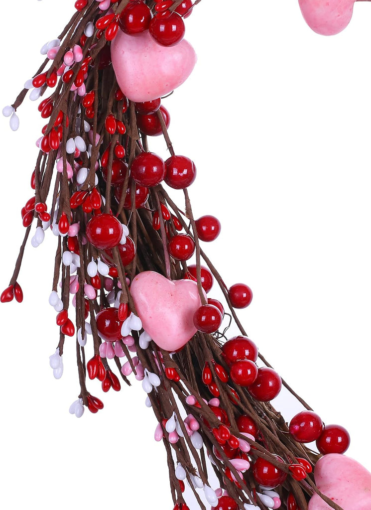 Valentine's Day Wreath,15" Heart Shaped Wreath with Red Berries and Small Pink Hearts for Valentine's Day Wedding