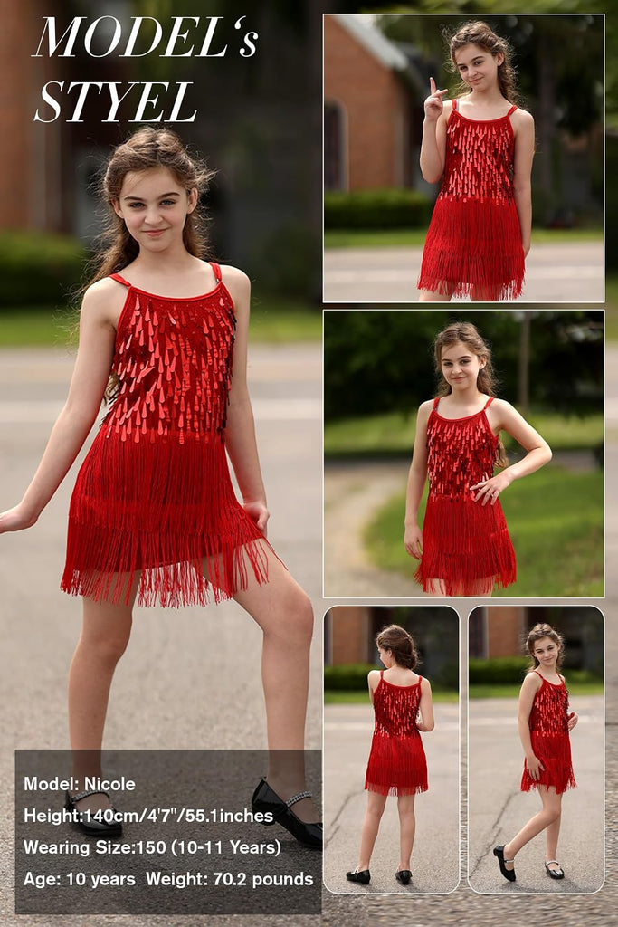 2Pcs Girls Sequin Fringe Dress & Shorts, 1920s Flapper Latin Dance