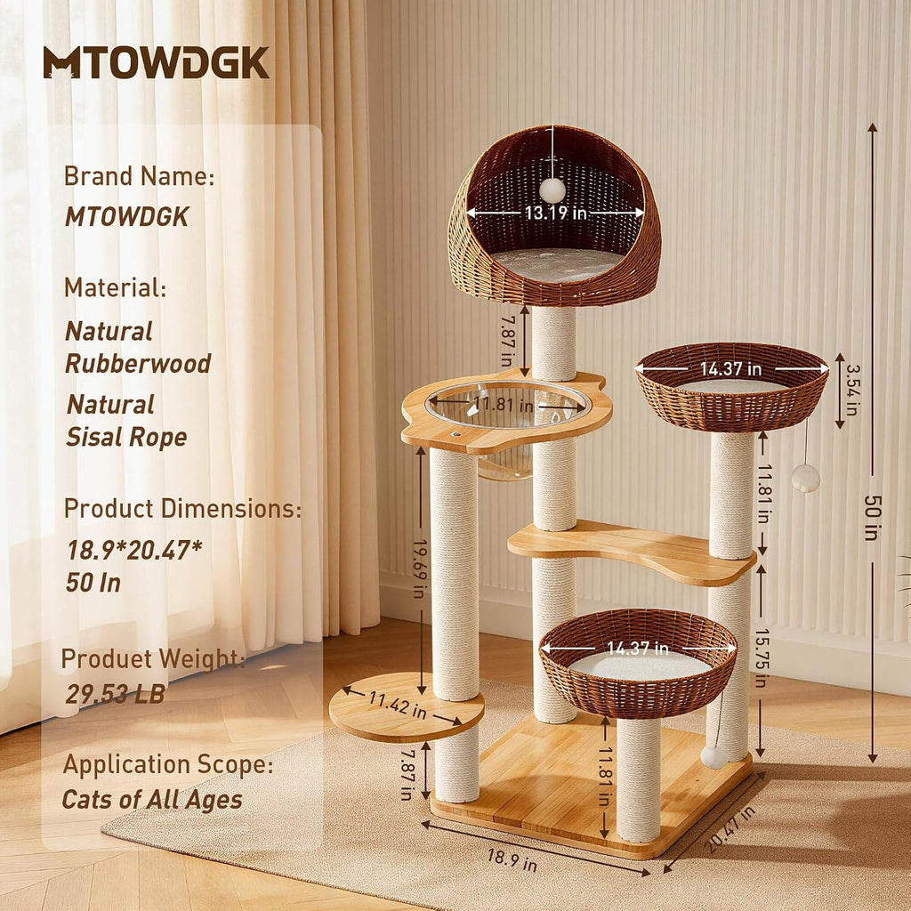 50in Solid Wood Cat Tree for Indoor Cats with Wicker Beds