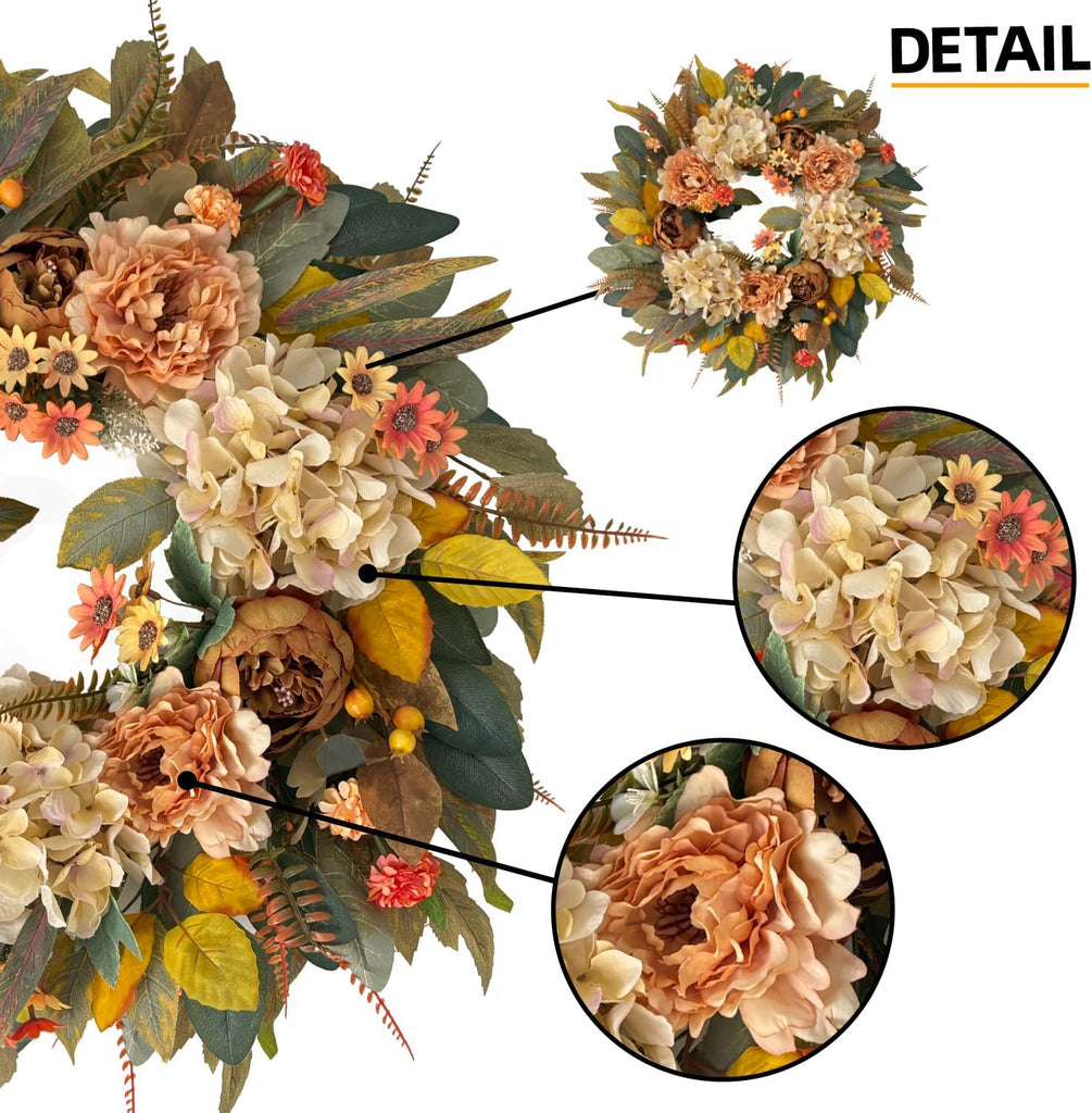 24 Inch Fall Hydrangea Peony Wreath for Front Door