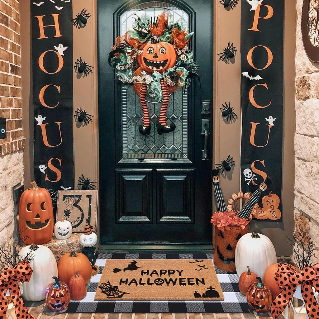Halloween Decor Doormat Combo Set, 100 Percent Coco Coir Welcome Mat + 28X43 Inches Black and White Plaid Rug