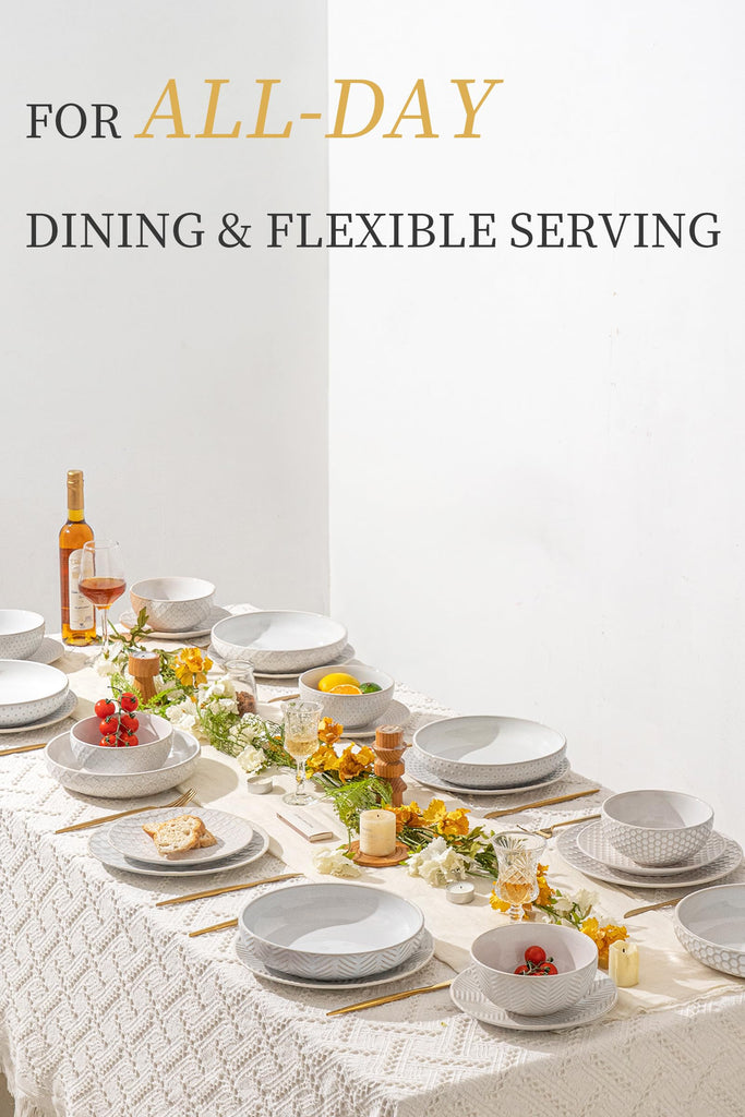 24 Piece Dinnerware Sets for 8, Premium Stoneware Plates and Bowls Sets with pasta and soup bowls, Microwave &
