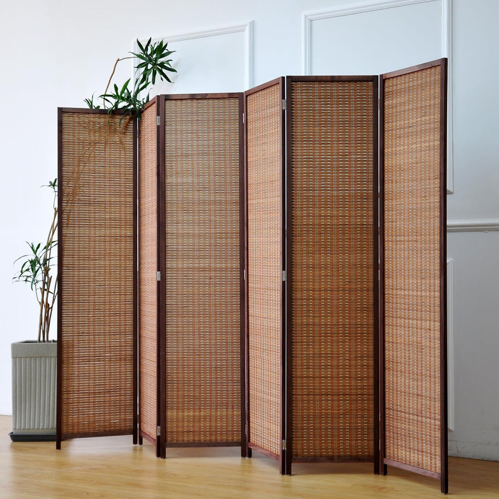6 Panel Bamboo Room Divider - 5.6 ft Tall Folding Privacy Screen for Room Separation, Natural Brown Freestanding