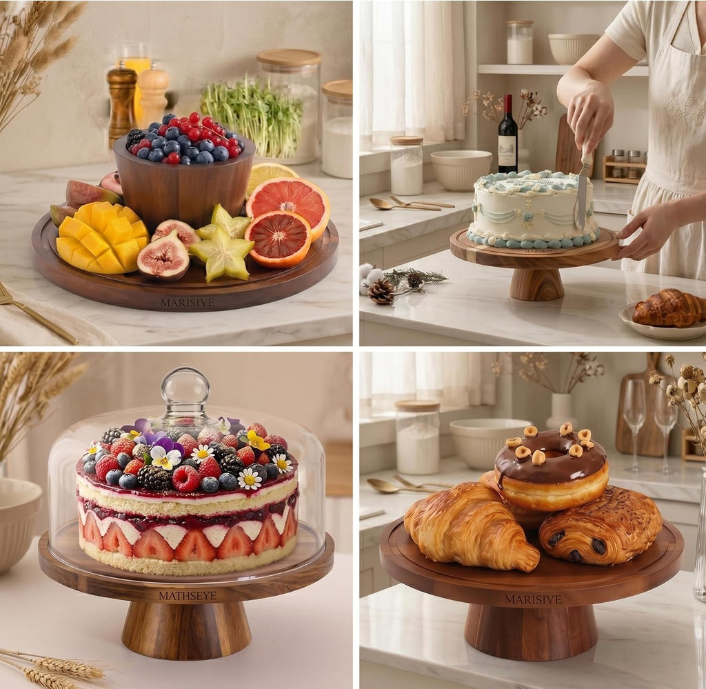 Glass Cake Stand with Lid, 11.8 Inch Dome, Rotating Acacia Wood Base