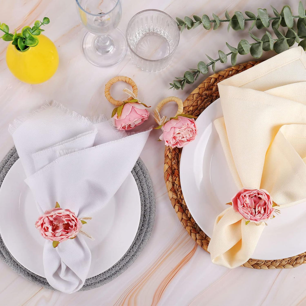 Handcraft Flower Napkin Rings, Pink Peony Napkin Holder - Set of 12