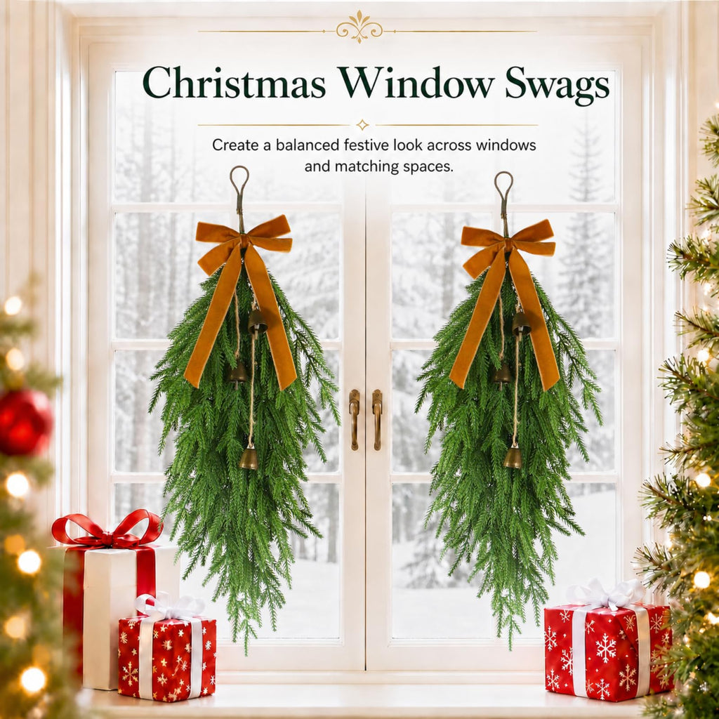 2 Pcs 27" Christmas Teardrop Swag/Artificial Norfolk Pine Teardrop Wreath .Yellow Velvet Bow & 6 Vintage Brass Bells