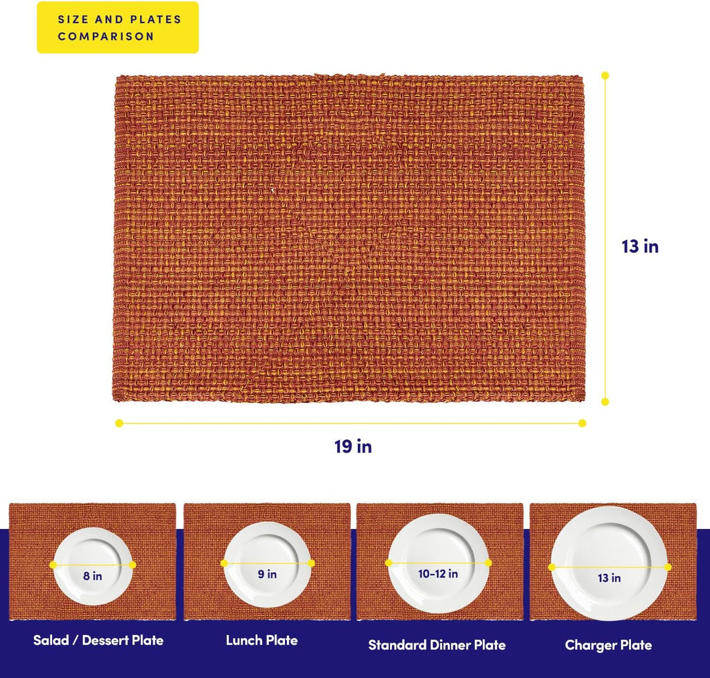 100% Cotton Placemats Rectangle Two Tone Woven Fabric 13" x 19" Soft Durable Table Mat Set, Rust - Set of 6
