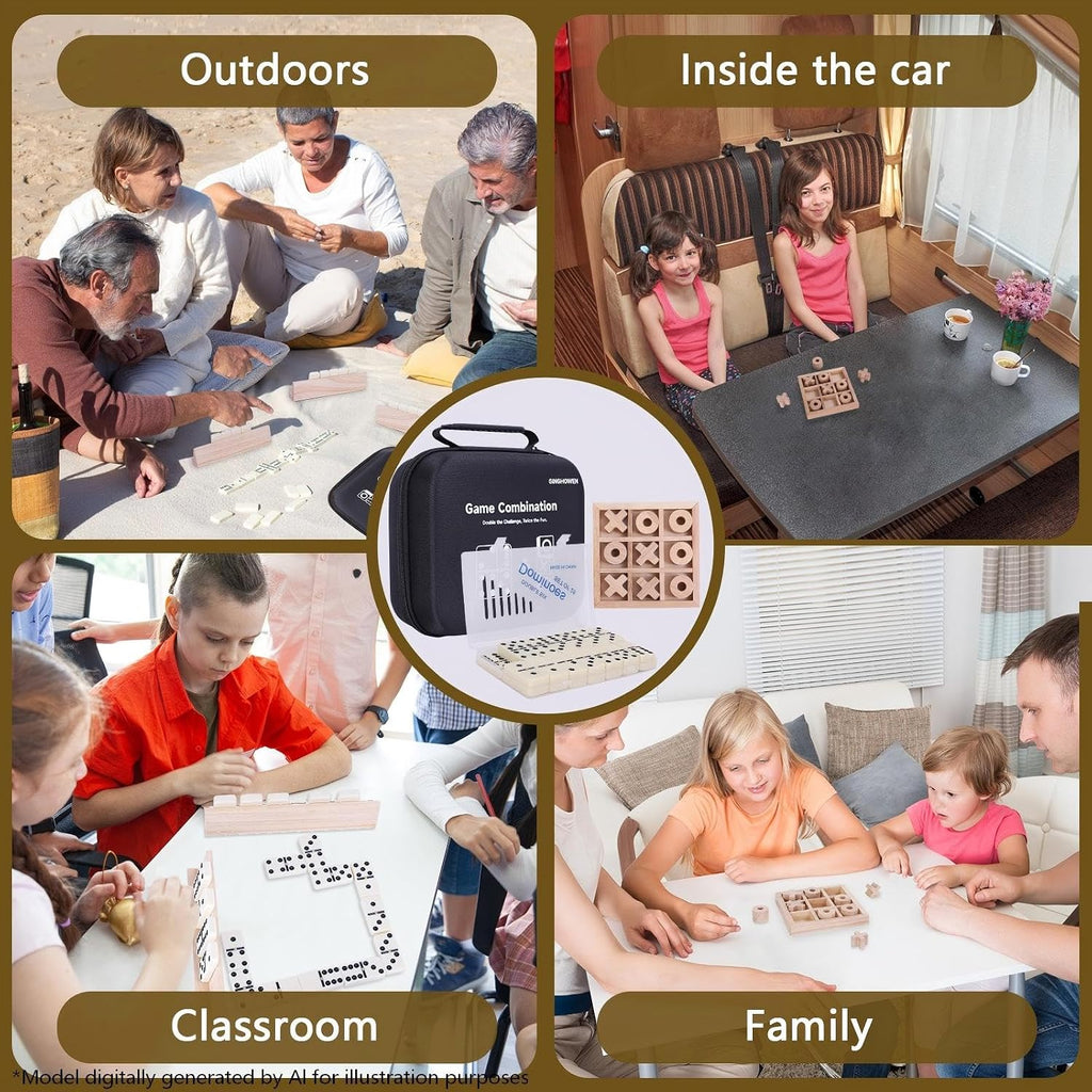 Dominoes and Tic Tac Toe Game Set, 28 Tiles Dominos with 4 Wooden Racks, Wood Tic Tac Toe Classic Board Games