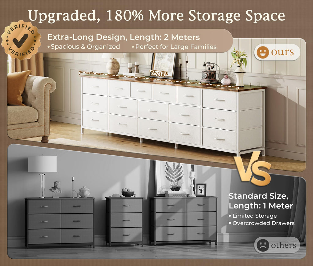 77.6" Long Dresser, 16 Drawer Fabric Dresser for Closet, Wide Chest of Drawers with Storage, TV Stand for 65, 75, 85