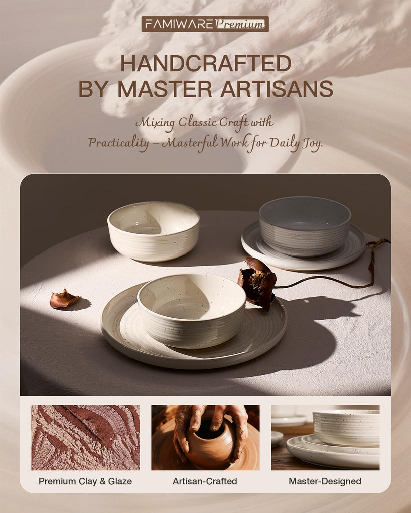 Stoneware Dinnerware Sets for 4, Reactive Glaze Plates & Bowls, Shell Beige