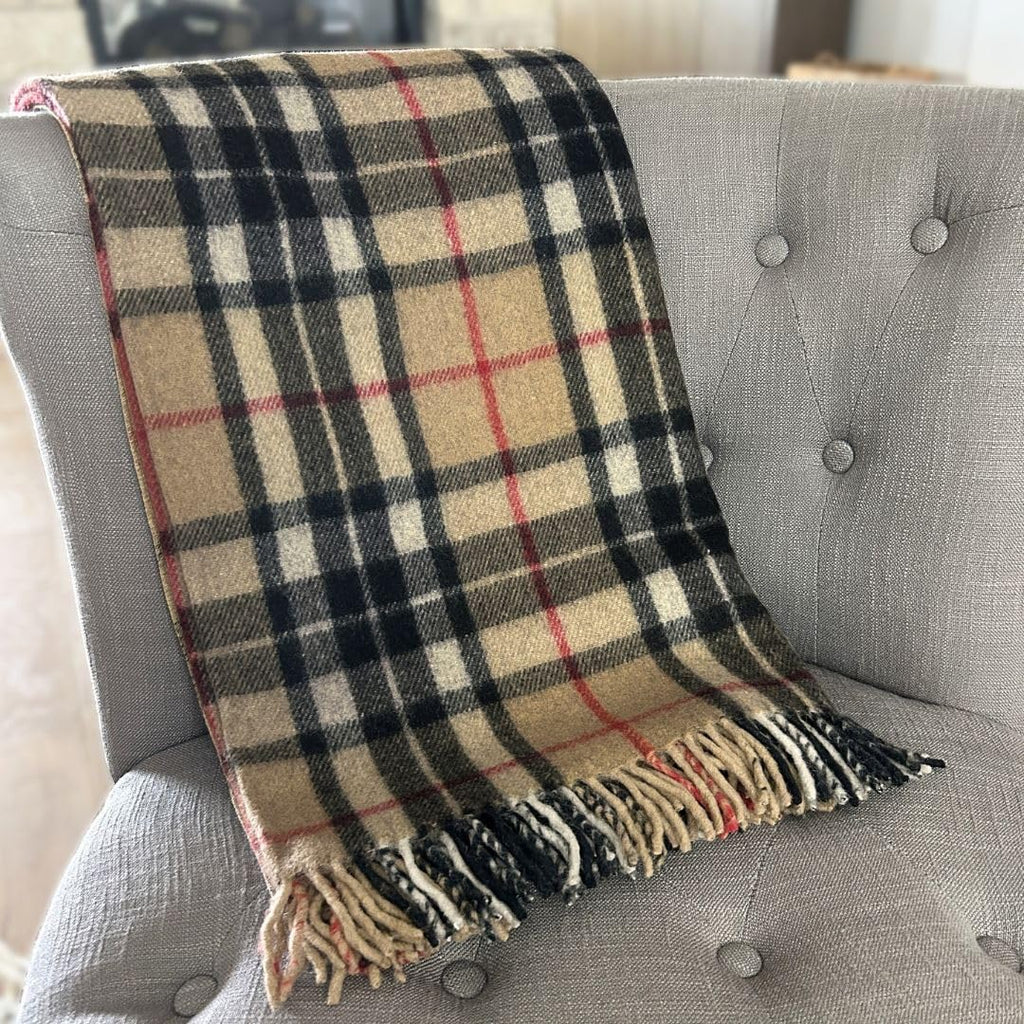 Tartan Fall Plaid Wool Blanket - Scottish Winter Throw (Thomson Camel)