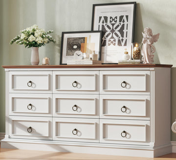 Farmhouse 9 Drawer, 60" Wide Chest of Drawers with Roman Column, Wooden TV Stand with Antique Bronze Circle Handles
