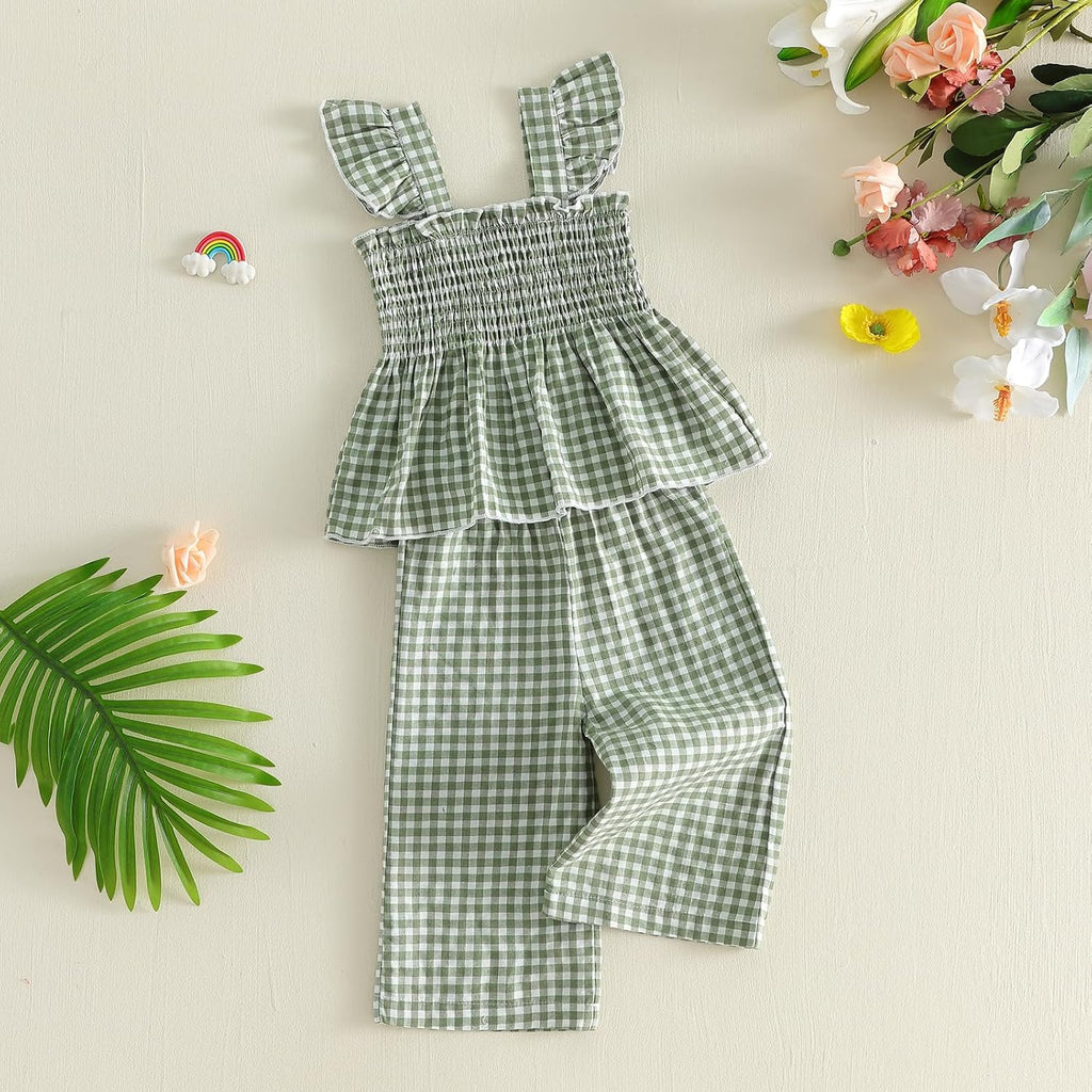 Toddler Girl Summer Outfits Plaid Baby Dress Smocked Ruffle Strap Cami Tops Pants 2 Pcs Set