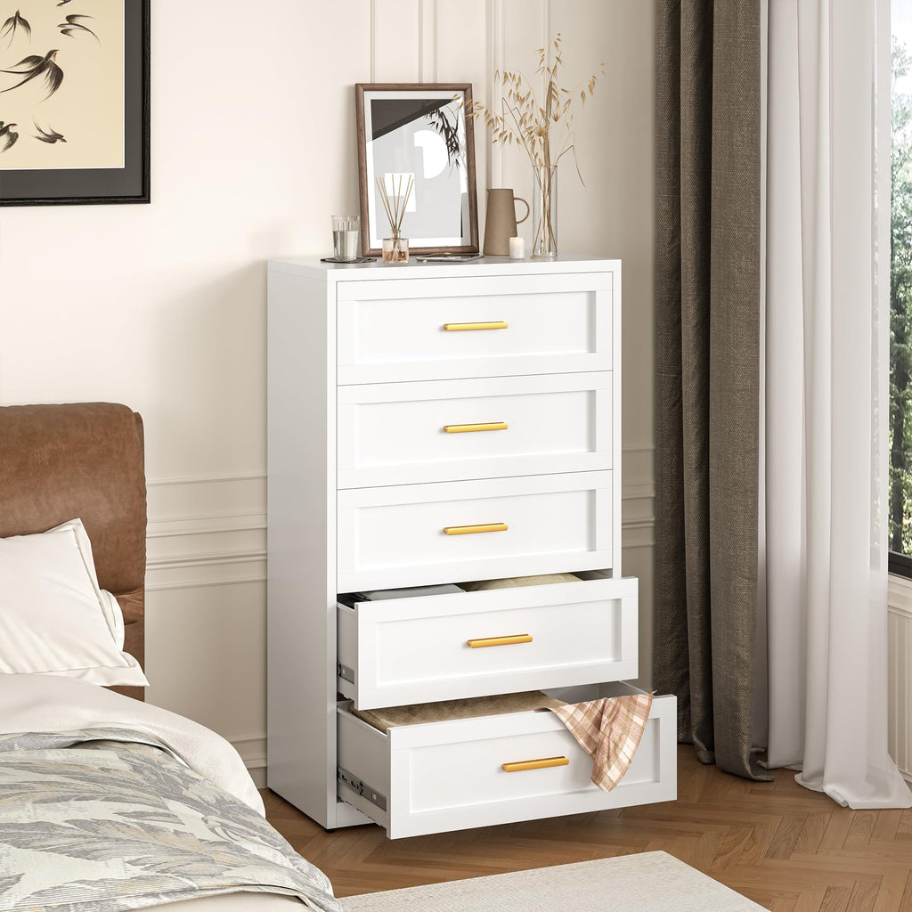 White Metal Dresser with 5 Spacious Drawers, Modern Chest of Drawers with Gold Handles, Metal Chest of Drawers
