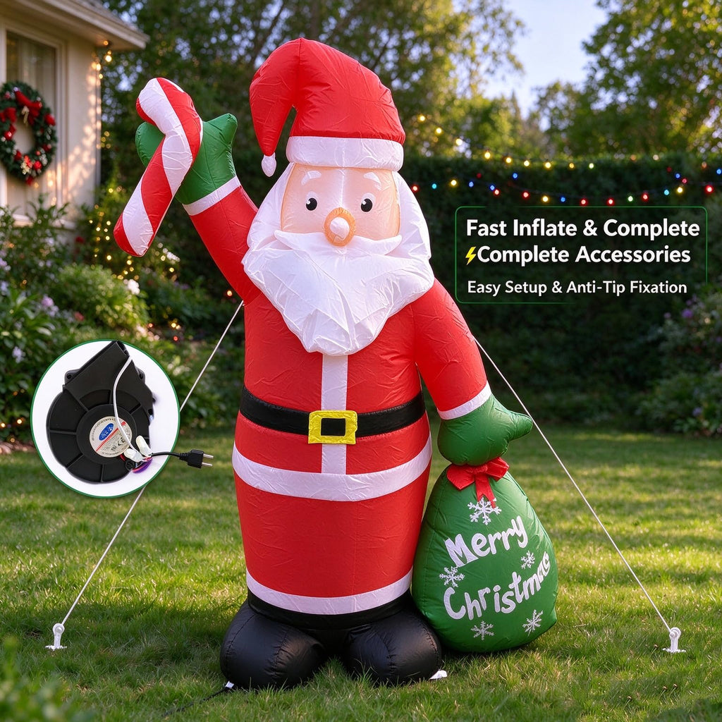 4FT Christmas Inflatable Santa Claus Yard Decoration, Blow‐up Santa with LED Light, Candy Cane & Gift Bag, Polyester