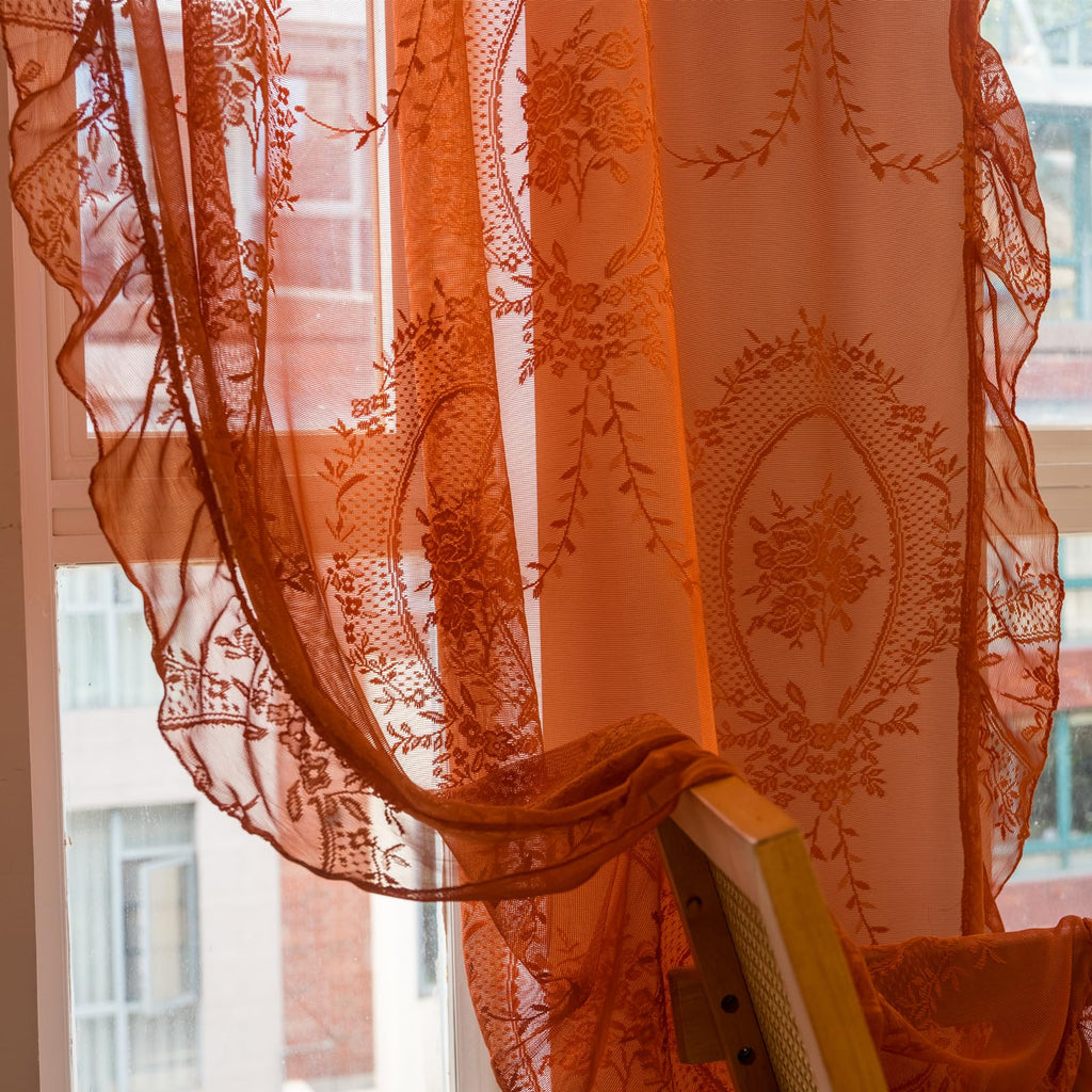 Burnt Orange Lace Sheer Curtains 96 inches Long 2 Panels Set, Rust Terracotta Boho Florals Embroidery Vintage Window