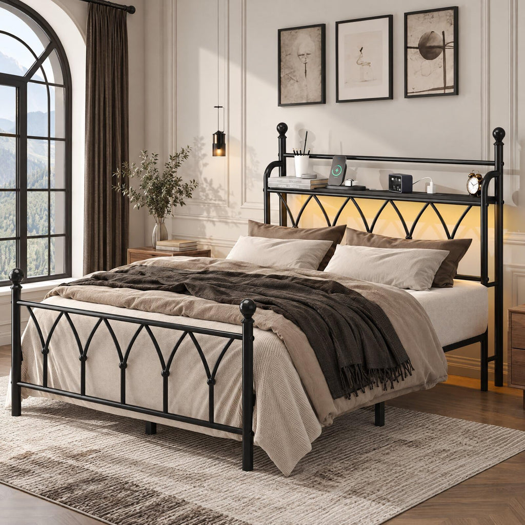 Queen Size Metal Bed Frame, Classic Victorian Iron-Art Headboard, Black