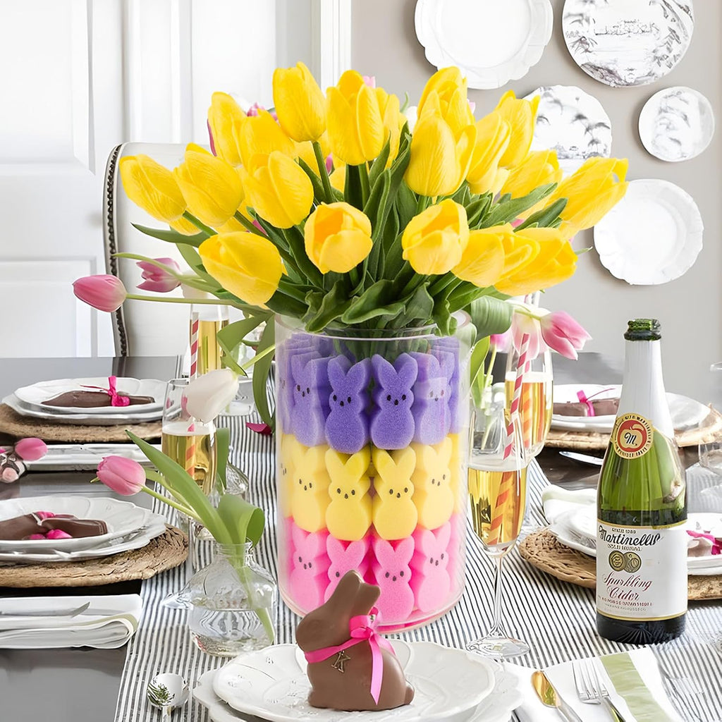 Easter Decor - 15 Artificial Tulips with 45 Bunnies Vase Filler - Set of 60