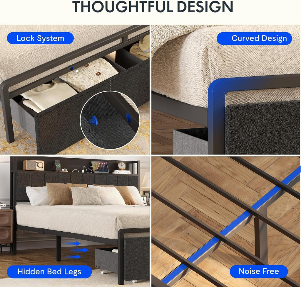 Adjustable Bed Base with Storage Headboard & Charging Station