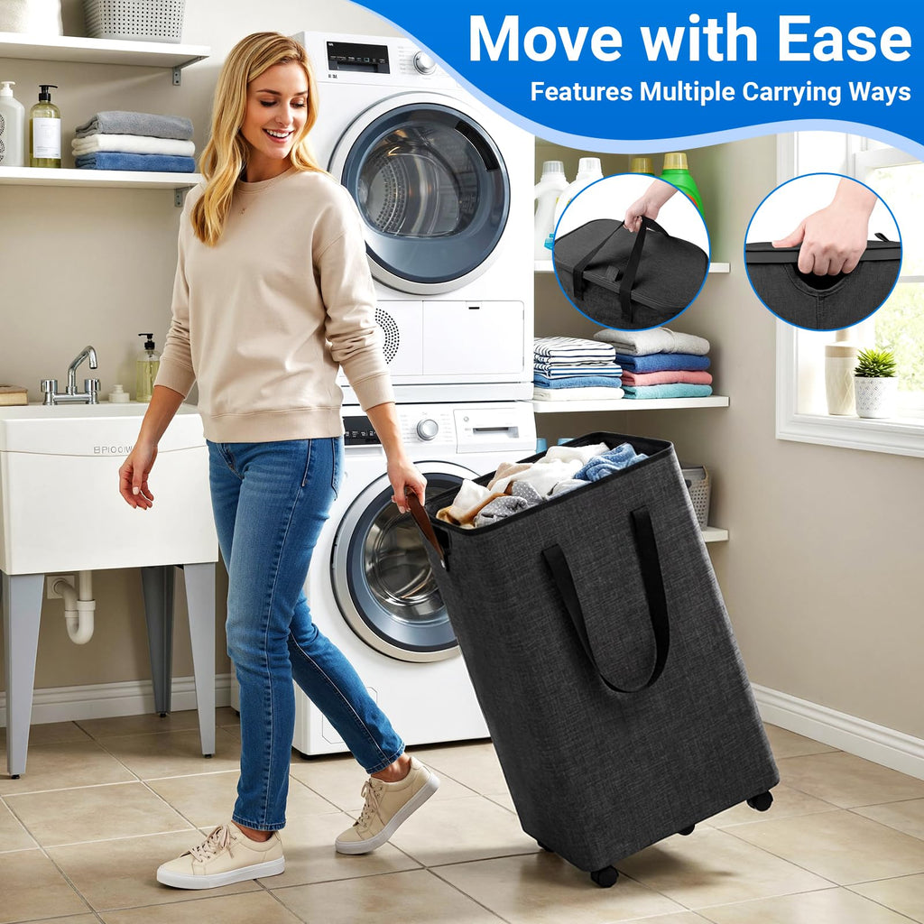 Basket with 5 Wheels, Rolling Laundry Hamper, 90L, Deep Gray