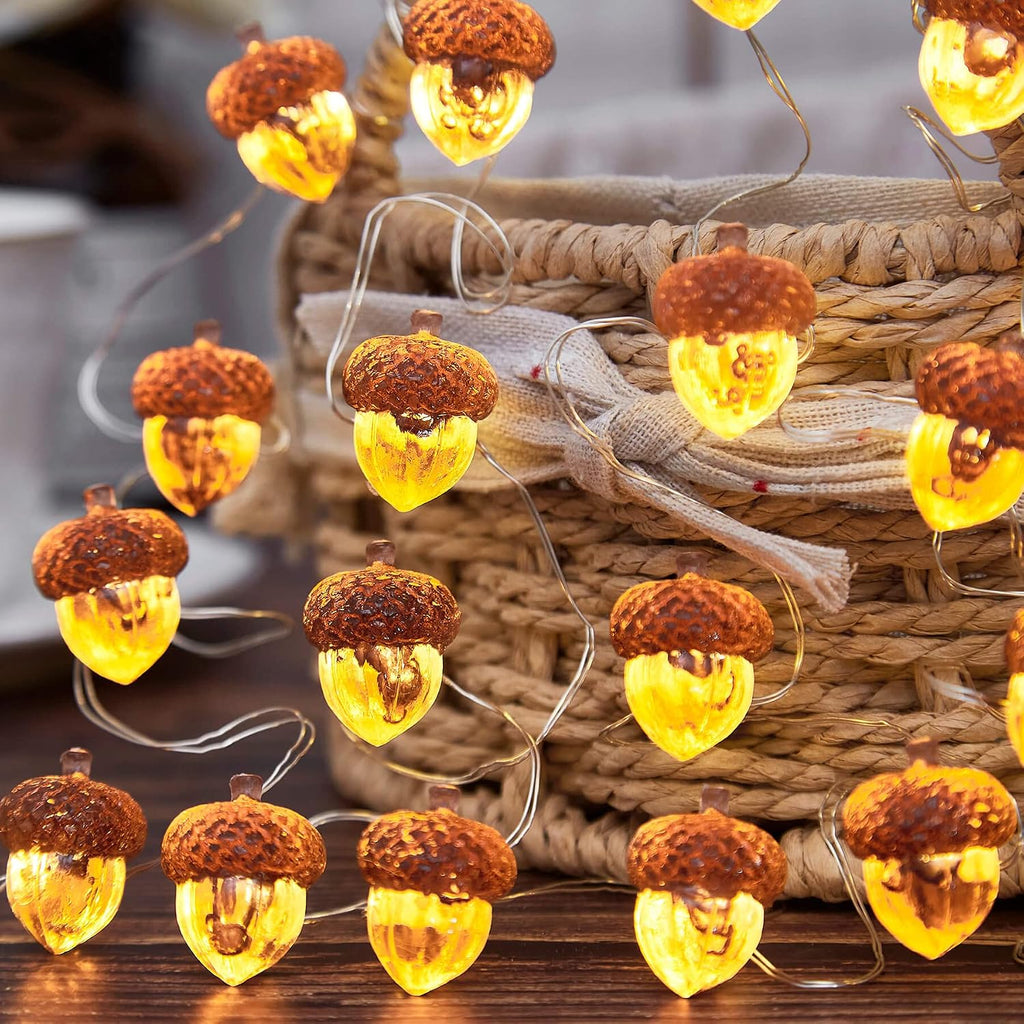 3D Twinkle Acorn Fall Decorations Harvest String Lights, Full Size Autumn Acorn 10 feet 30 LEDs USB Operated - Set of 10