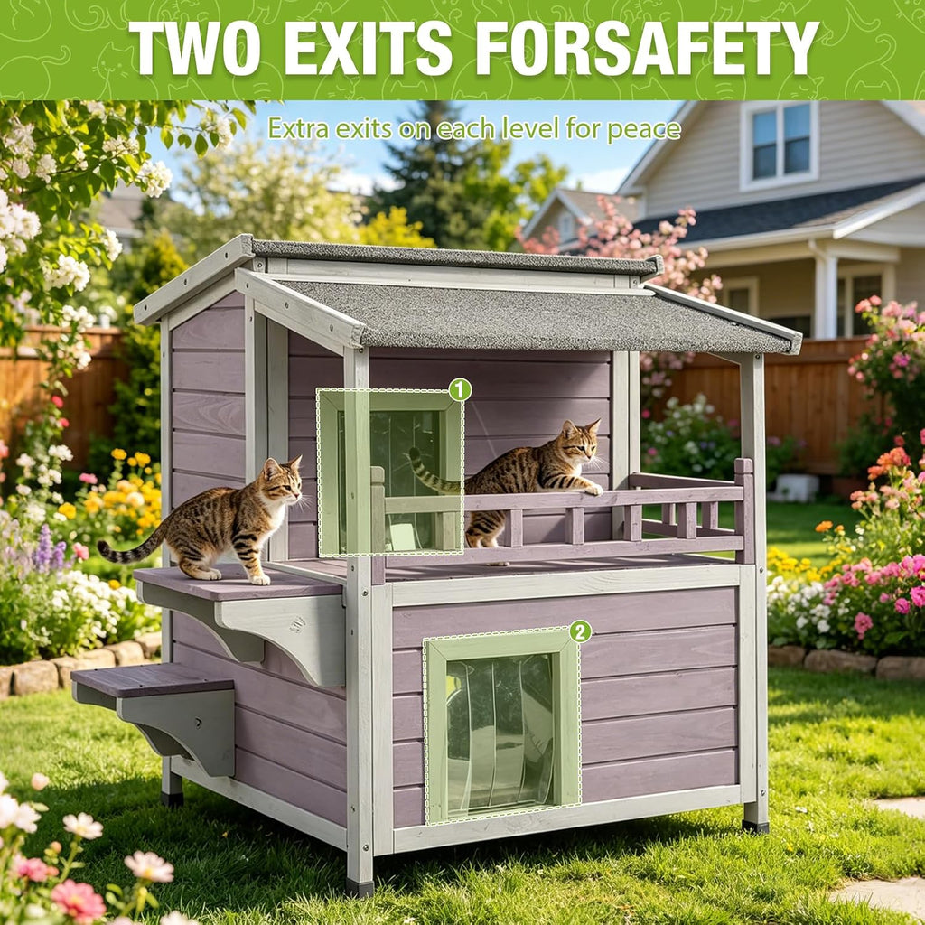 Outdoor Cat House Weatherproof 2 Story Wooden Feral Cat Shelter Easy Clean