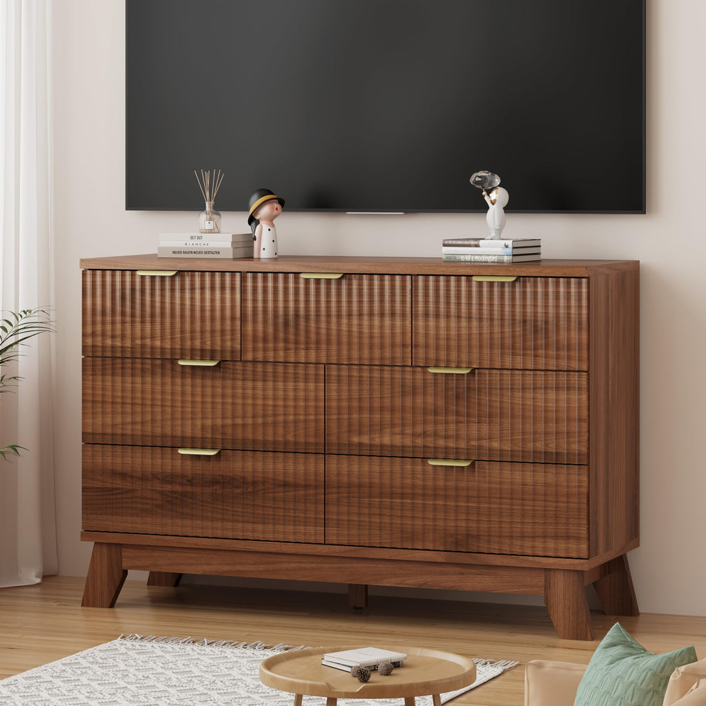 Fluted Dresser with 7 Drawers, 48" Wide Modern Chest of Drawers with Metal Handle, Wood Dresser TV Stand, Wooden