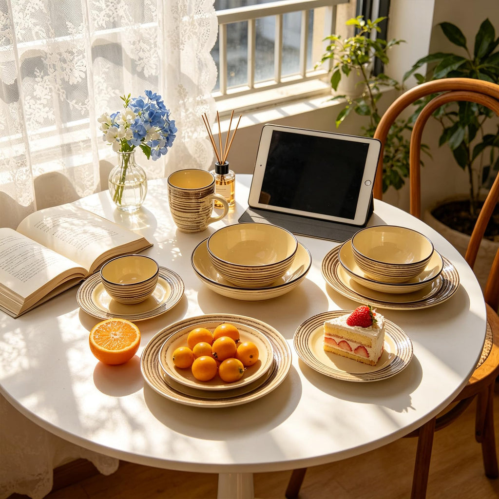 48 Piece Dinnerware Set, Ceramic Plates and Bowls Sets for 8, Microwave and Dishwasher Safe, Handcrafted Tree Bark