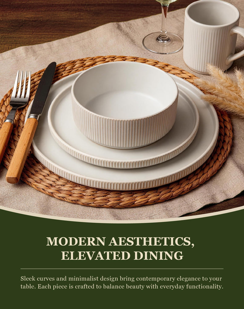 16-Piece Dinnerware Set for 4 with Mugs, Ribbed Stoneware Plates and Bowls Sets, Unique Handcrafted Reactive Glaze