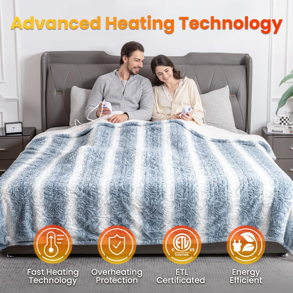 Heated Blanket Queen Size 84" x 90", Electric Blanket with Dual Controls, 0.5-12 Hours Timer & 10 Heating Levels, ETL