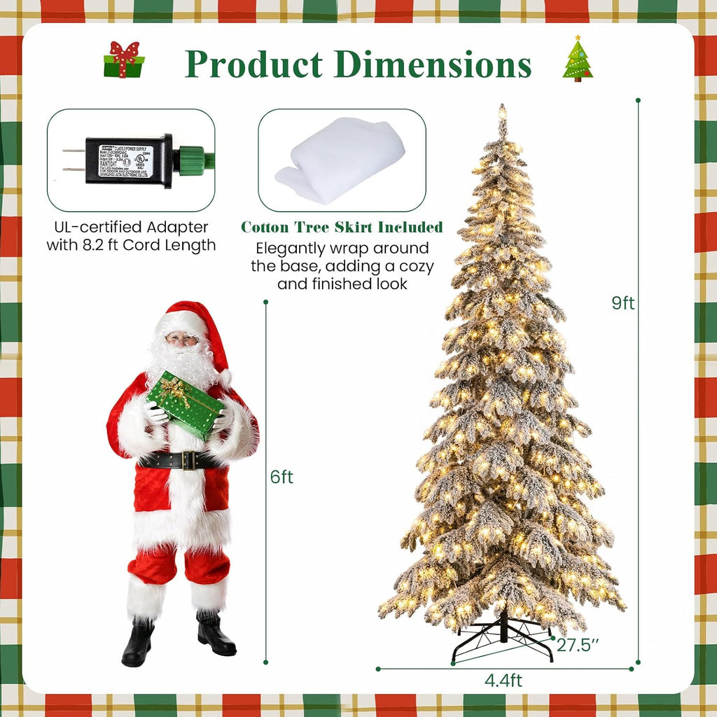Pre-Lit Snow Flocked Drooping Christmas Tree, Artificial Hinged Xmas Tree with Quick Power Connectors, 1223