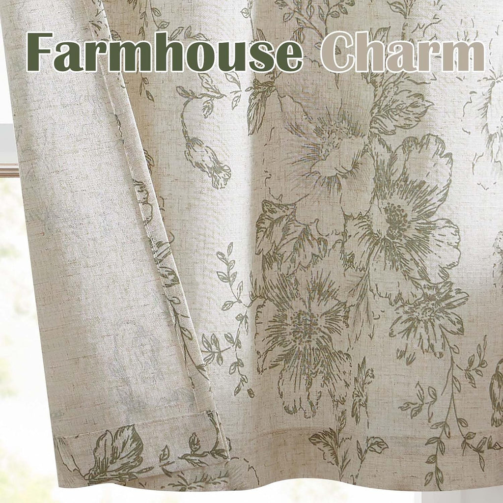 Linen Valance Curtain Farmhouse Sage Green Floral Window Valance, 16 Inch French Country Flower Drapes for Kitchen