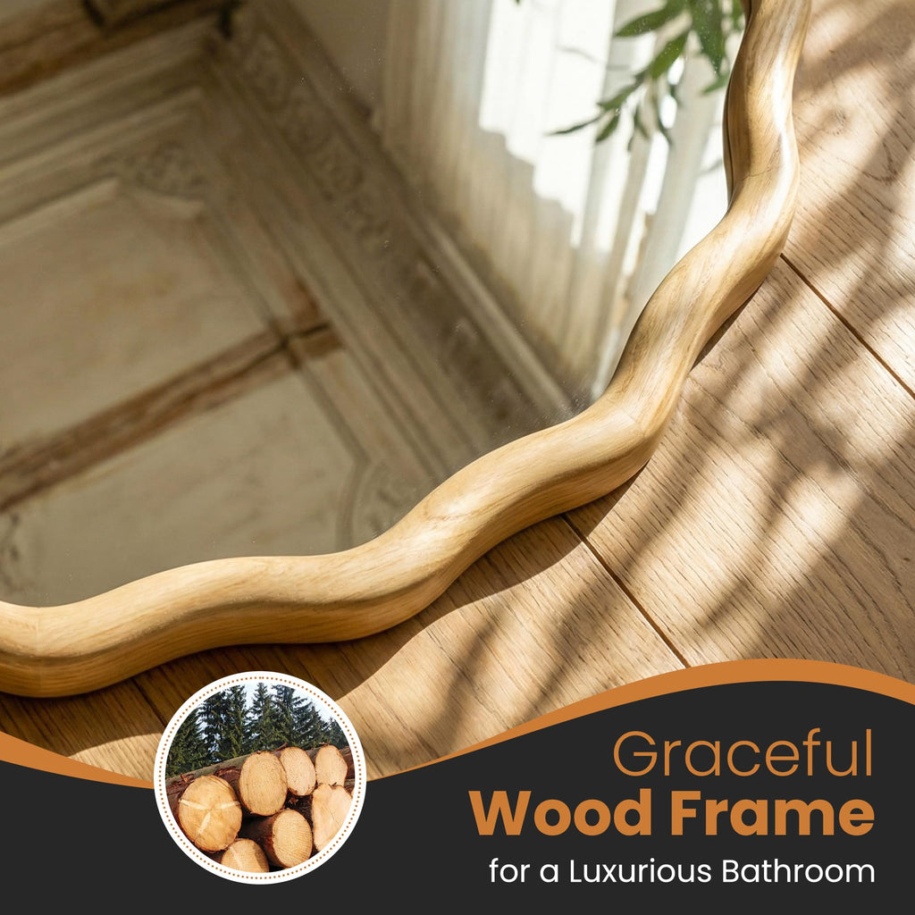 Round Wavy Wood Bathroom Vanity Mirror, 28" Boho Decorative Wall Mirror