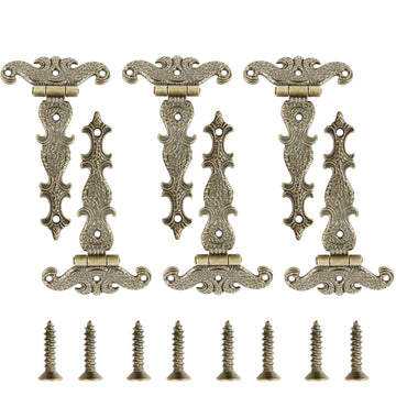 6PCS 4.45" x 2.72" T-Strap Hinges Door Hinge, T Shape Engraving Design Gate Hinge, Vintage Decorative Door Box Hinge