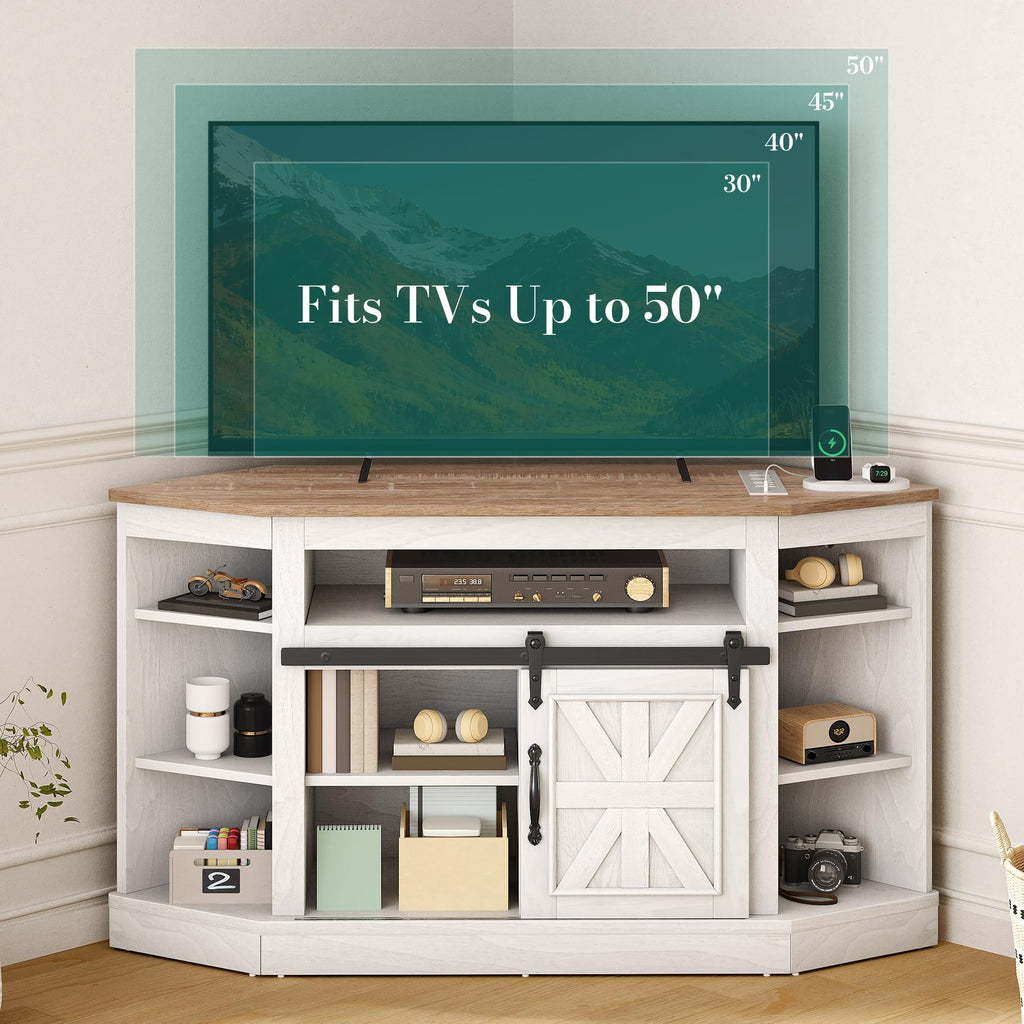 Corner TV Stand with Sliding Barn Door & Power, Storage, Grey Wash