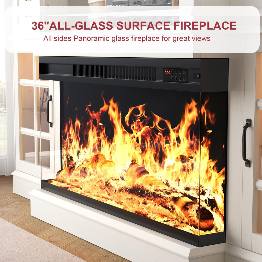 70" with 3-Sided Glass Fireplace, Modern Wood Entertainment Center with LED Lights and Glass Door, 36" Fire Place TV