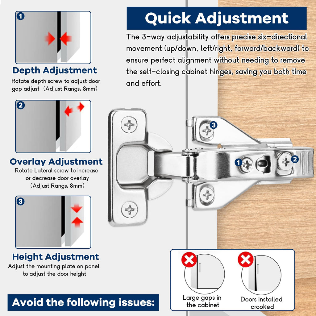 20 Pack 1/2'' Overlay Face Frame Soft Close Hidden Cabinet Hinges, 105 Degree 3D Adjustable Clip On Plate Concealed