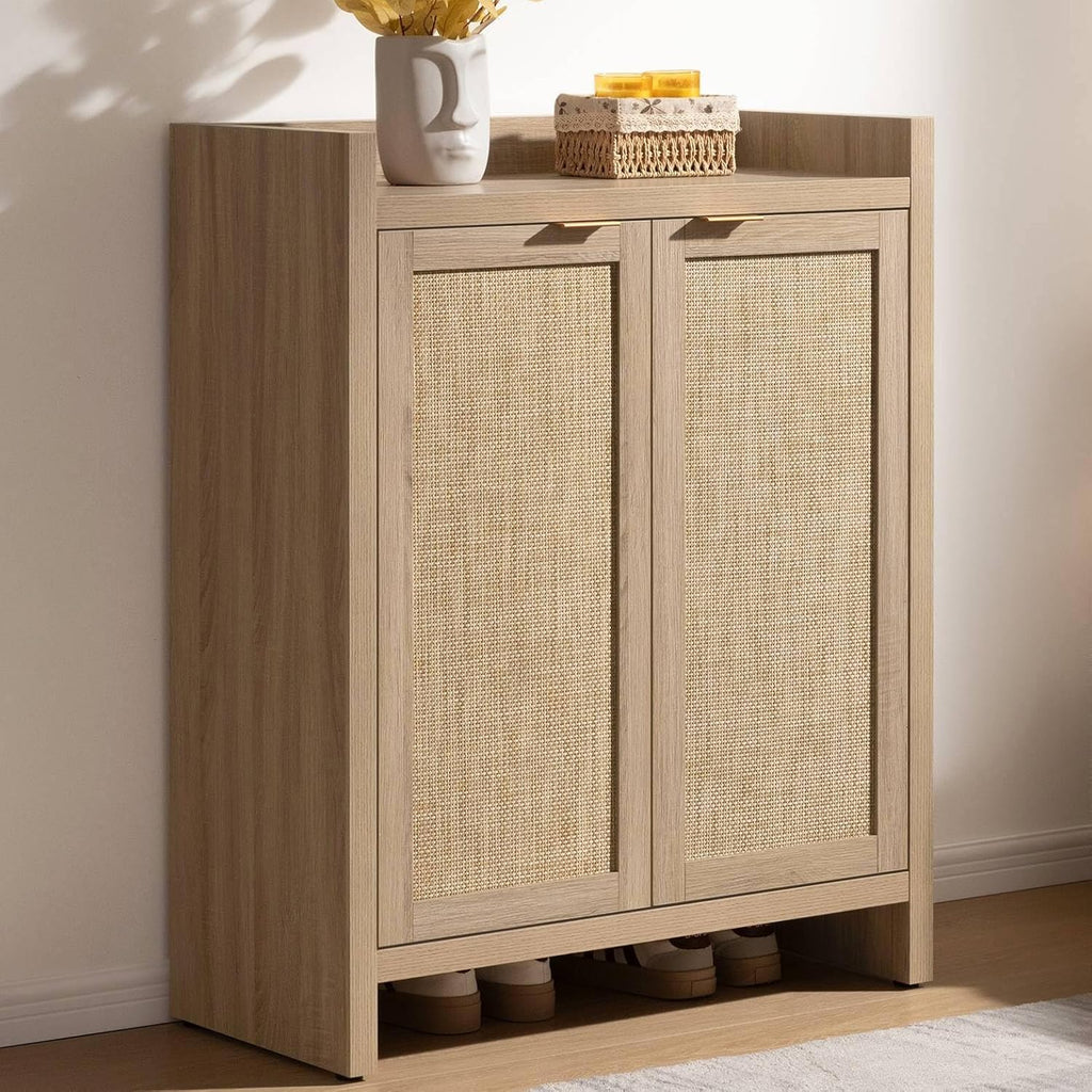 Shoe Cabinet, 24 Pair Shoe Storage Organizer Cabinet, 41" Tall Rattan Shoe Cabinet with Doors and Shelves, 6-Tier