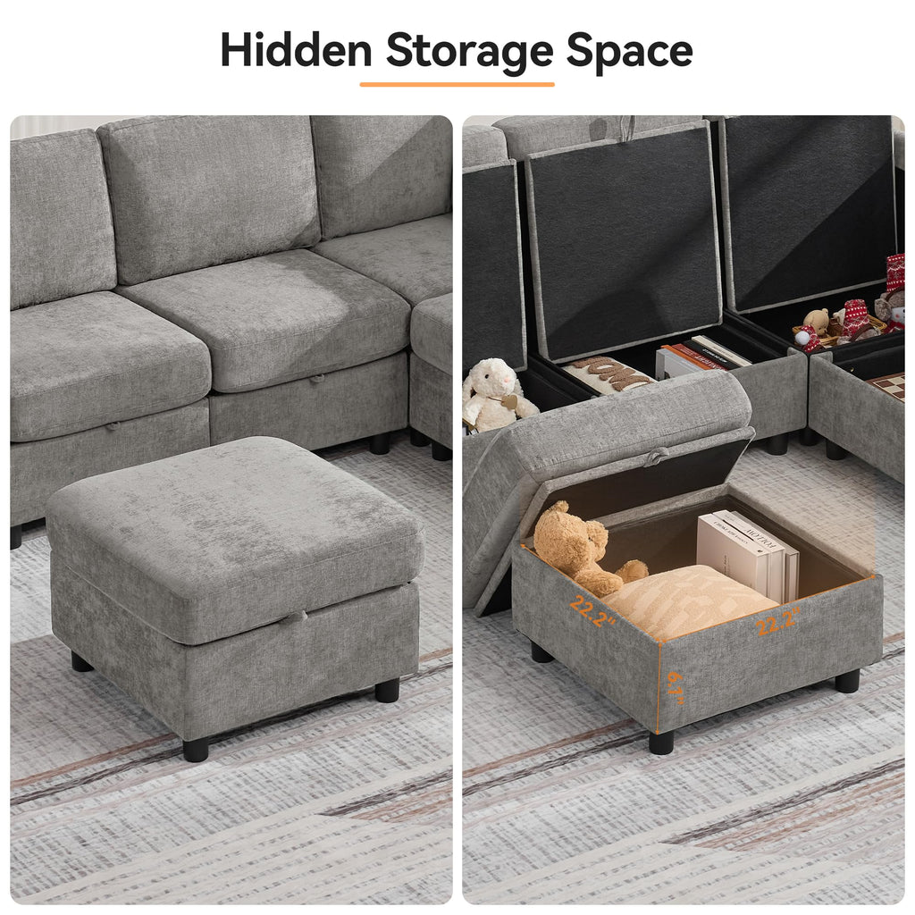 Modular Sectional Couch with Storage, 25'' Storage Sofa Ottoman, Light Grey