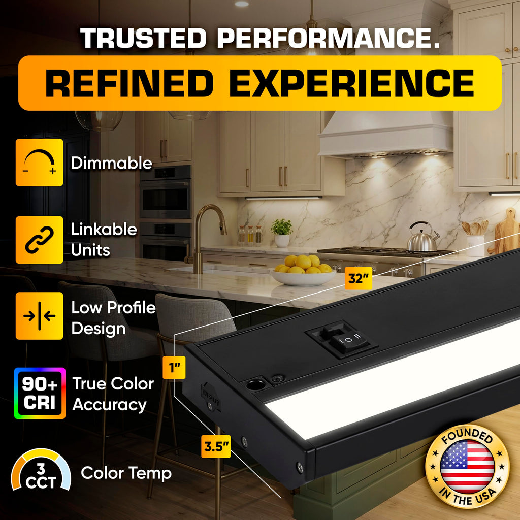 LED Under Cabinet Lighting Hardwired - 3CCT 32 Inch Black Finish - Undercabinet Lights - Linkable Undercounter