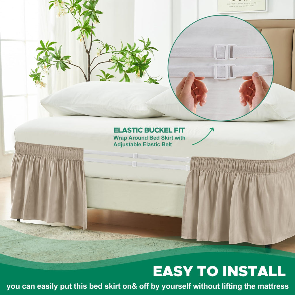 Wrap Around Bed Skirt 15" Drop-Elastic Dust Ruffle Light Camel