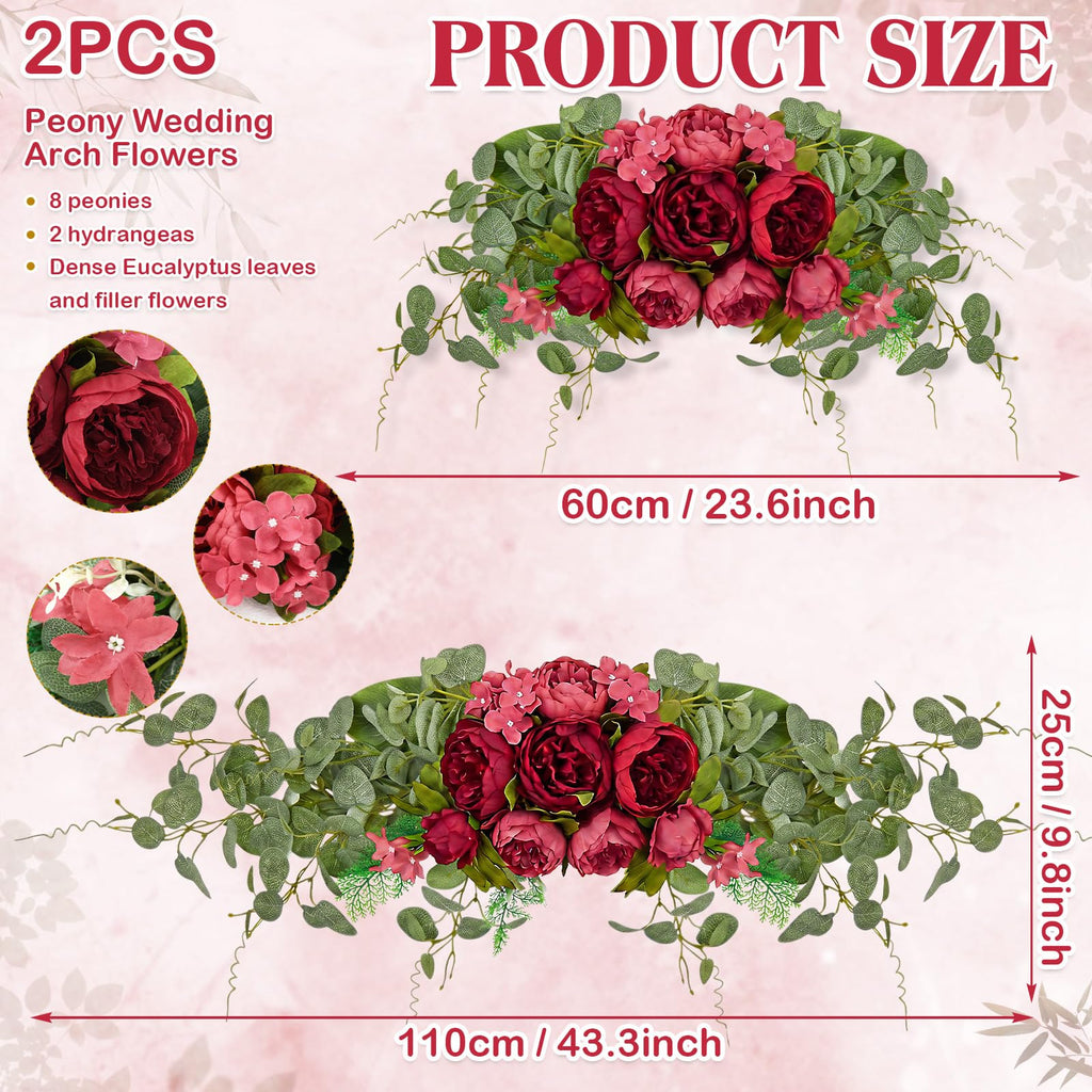 2 Pcs Artificial Peony Eucalyptus Floral Swag for Arch, Red