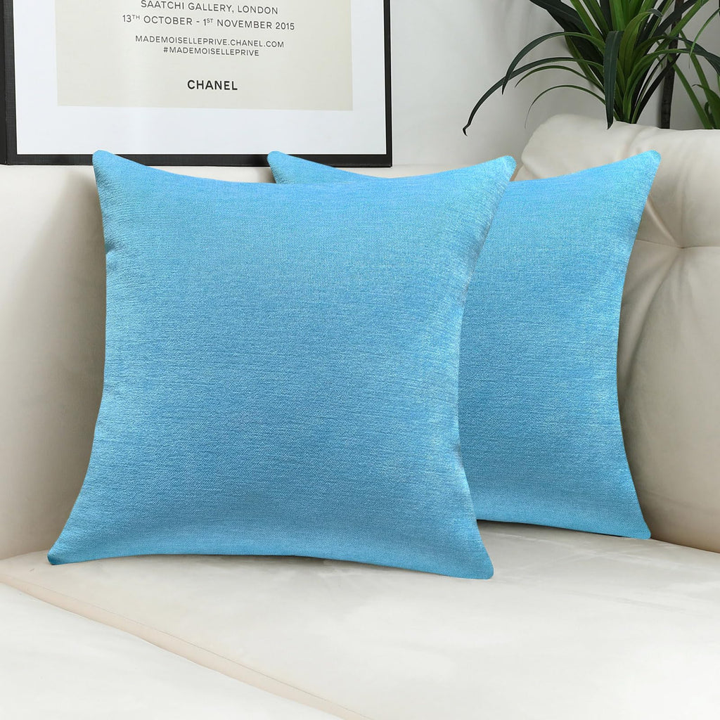 Sky Blue Decorative Throw Pillow Covers Soft Chenille Comfy Solid Sea Couch Cushion Cases Decor (Set of 2, 18 x 18
