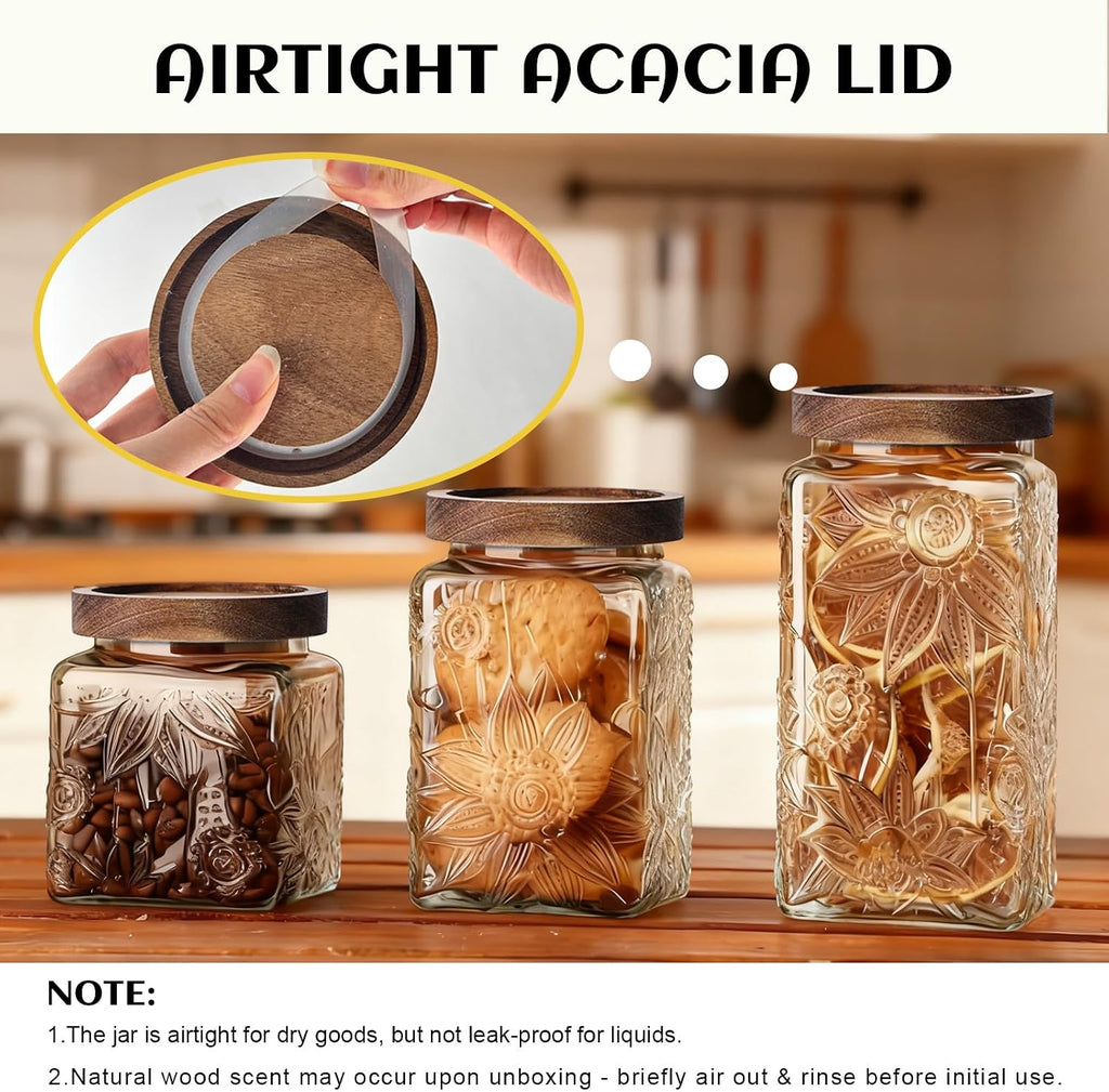 Vintage Glass Jar with Wood Lid - 24 OZ Airtight Canister Pantry Bathroom, Decorative Storage Container for Candy