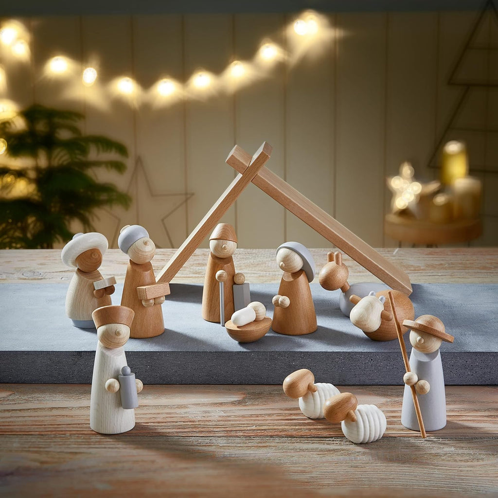 Wooden Nativity Set - Family Keepsake Manger Scene & Nativity Set for Kids in Natural Colors - 13 Sturdy Beechwood