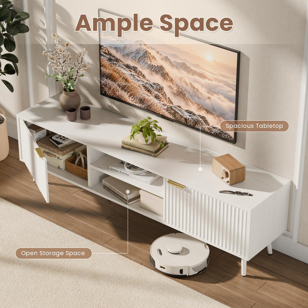 70" TV Stand for TVs up to 65 Inches, Mid Century Modern TV Console with Fluted Doors, Adjustable Shelf & Cable