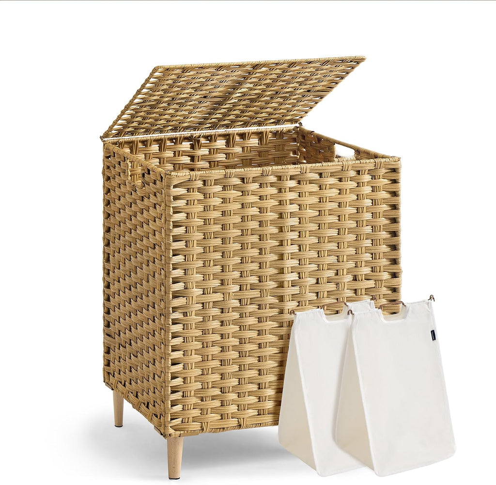 2-Section Laundry Hamper with Lid, 29 Gal (110L) PE Rattan Laundry Basket with Removable Washable Liners, Goose